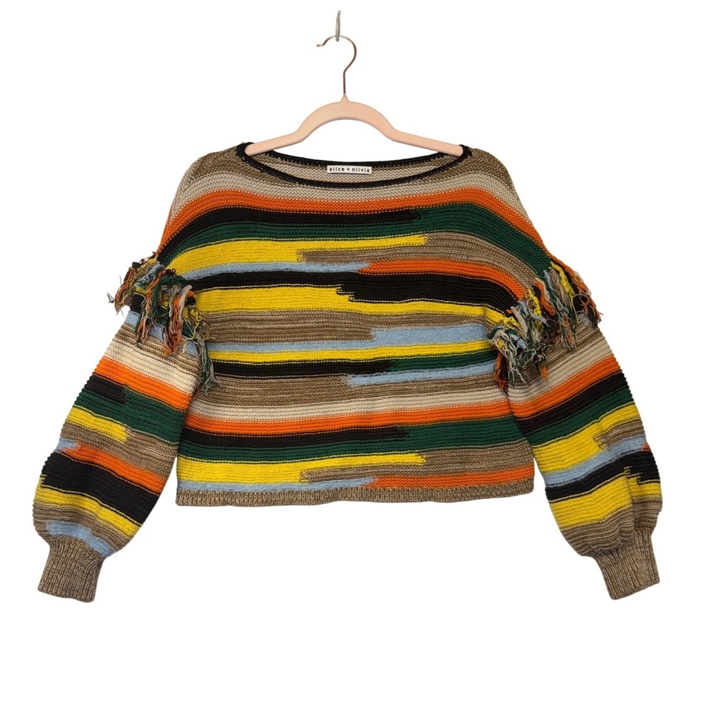 Alice + Olivia Claudette Fringe Striped Sweater Multicolor CC107S04708 Womens XS - Picture 2 of 10